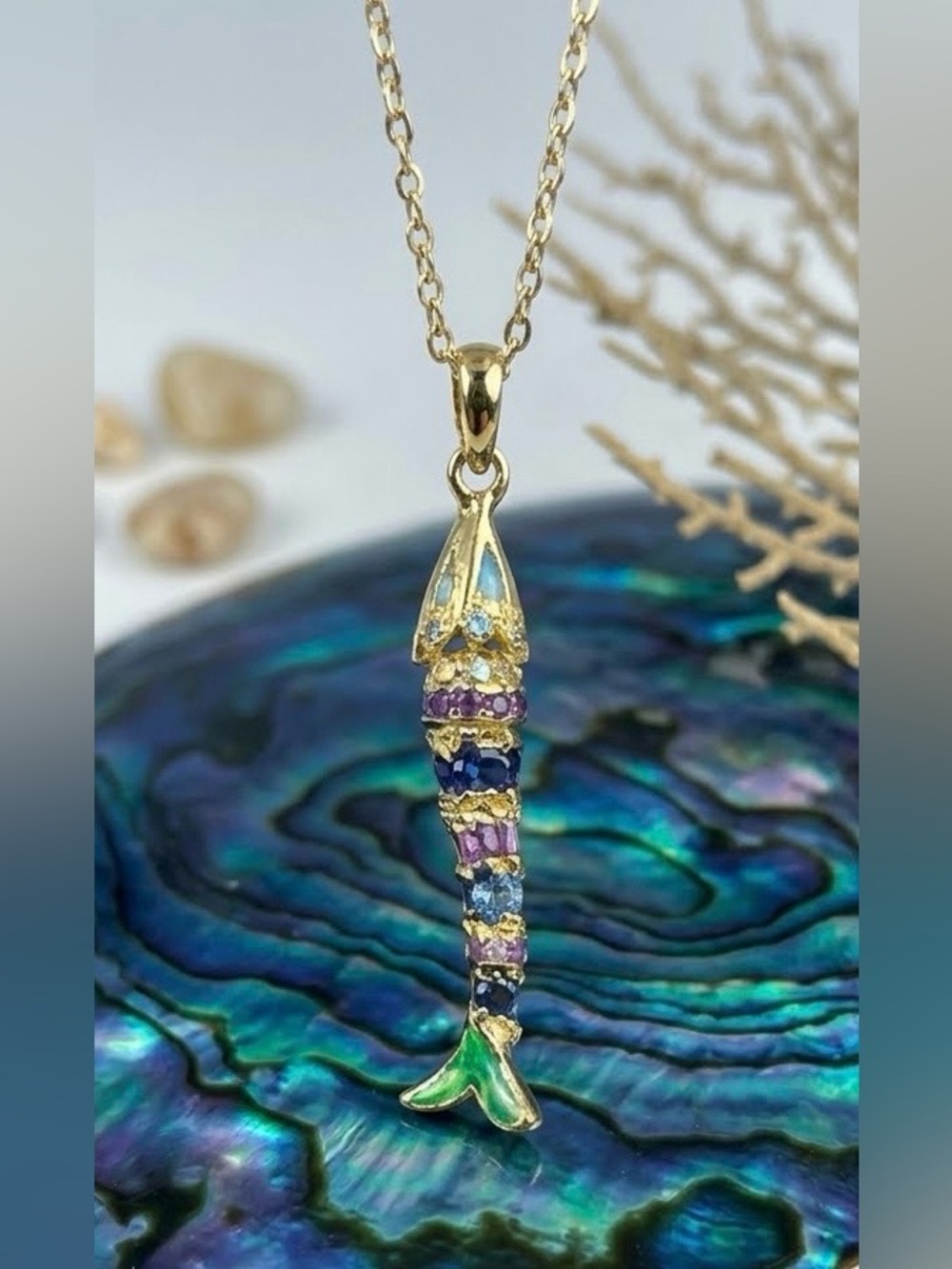 Adina Eden Gold-Tone Multicolor Mermaid Tail Pendant Necklace